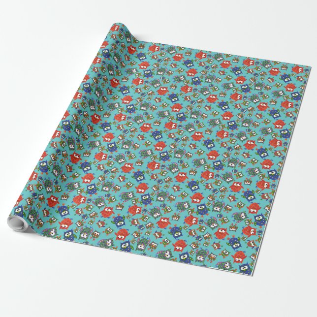 Custom Cute Owls Wrapping Paper, Red, Blue, Green Wrapping Paper (Unrolled)