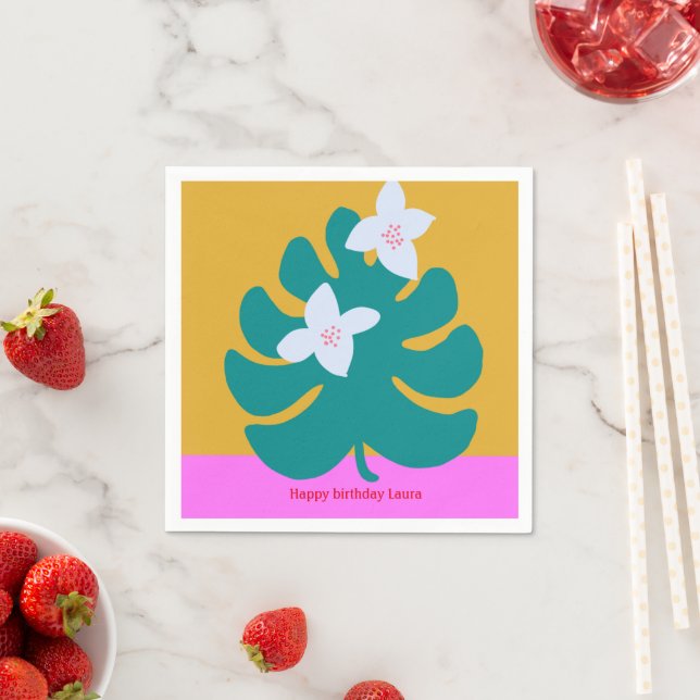 Custom cute palm name birthday modern plate napkin (Insitu)