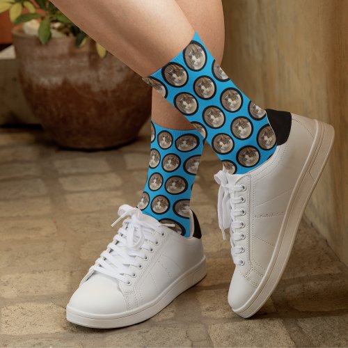 Custom Cute Pet Face Photo Sky Blue Funny Socks