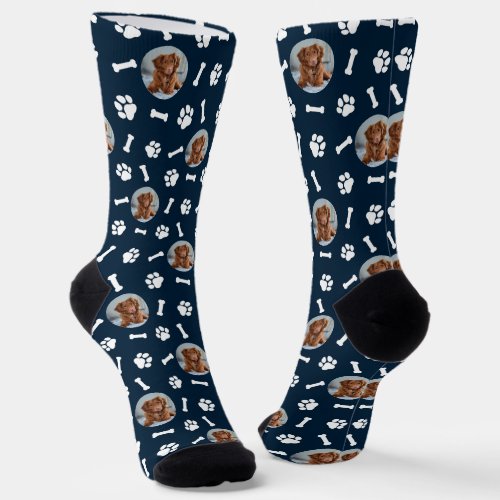 Custom Cute Pet Photo Pattern Blue Socks