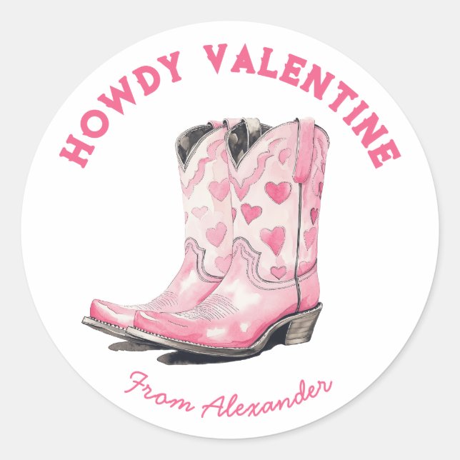 Custom Cute Pink Cowboy Boot Howdy Valentine's  Classic Round Sticker (Front)