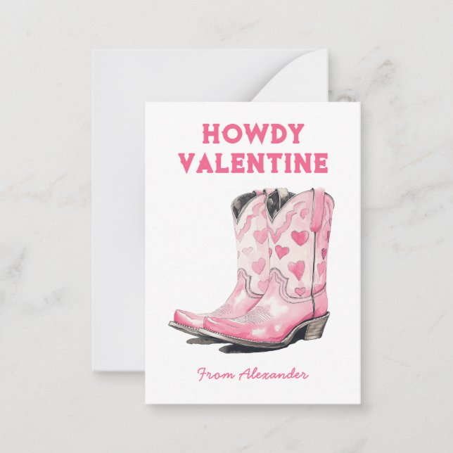 Custom Cute Pink Cowboy Boot Howdy Valentine's  Note Card (Front)