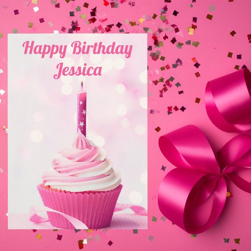 Custom Cute Pink Cupcake Photo Happy Birthday Card