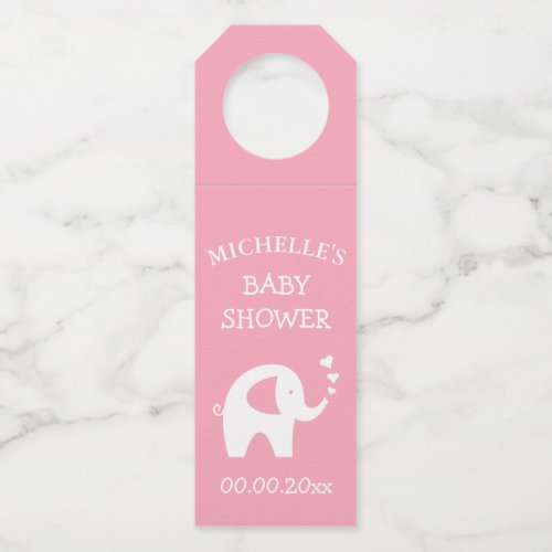 Custom cute pink elephant baby shower party bottle hanger tag