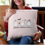 Custom Cute Pink Friendly Ghosts Spooky Season Throw Pillow<br><div class="desc">Elevate your Halloween home decor with this cute pink throw pillow with a friendly ghost trio,  bat,  and spider.  Phrase is customizable on front.  The back is plain black with customizable script text in white.</div>