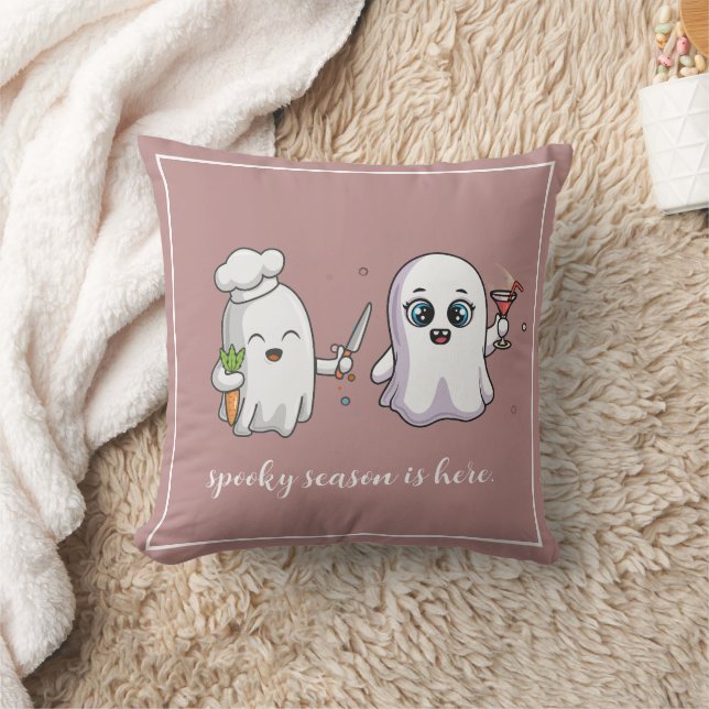 Custom Cute Pink Friendly Ghosts Spooky Season Throw Pillow (Blanket)