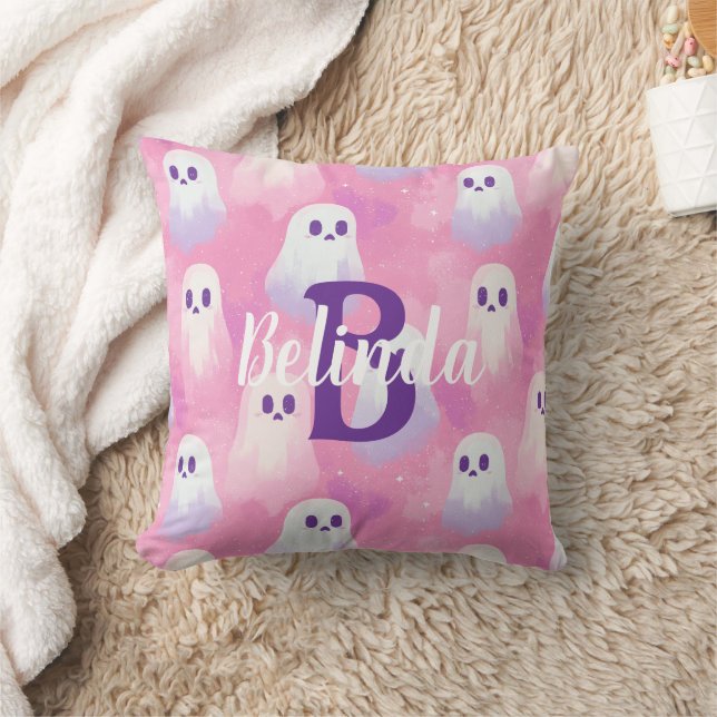 Custom Cute Pink Ghosts Girly Halloween Throw Pillow (Blanket)