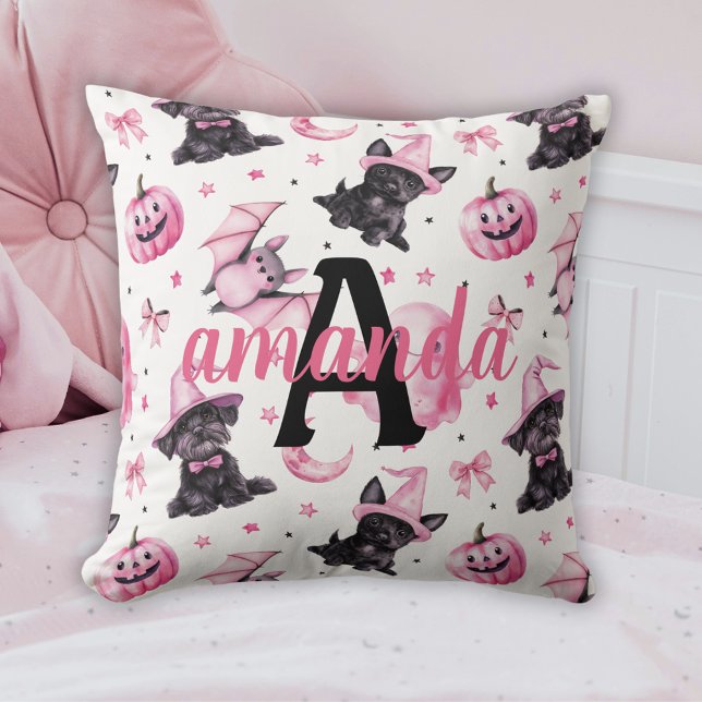 Custom Cute Pink Halloween Pattern With Black Dogs Throw Pillow (Custom Cute Pink Halloween Pattern With Black Dogs Throw Pillow)