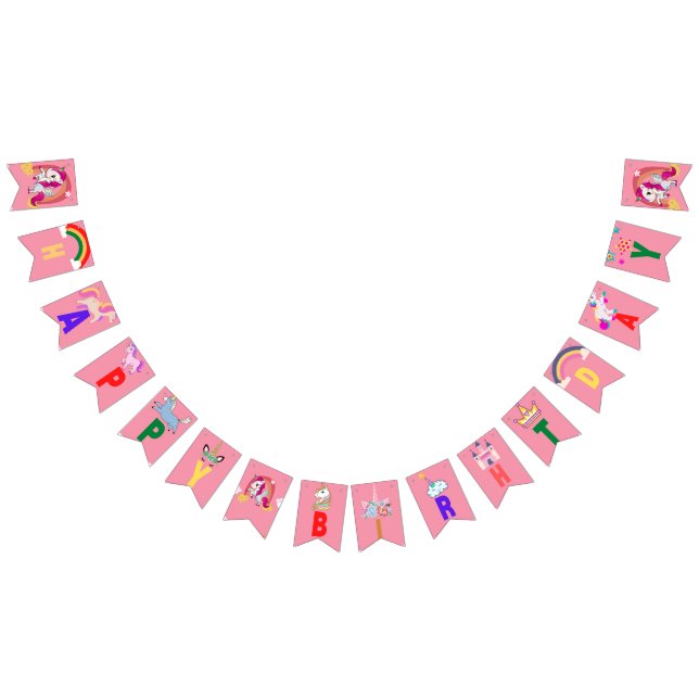 Custom cute pink  Rainbow Unicorn Birthday party Bunting Flags (All)
