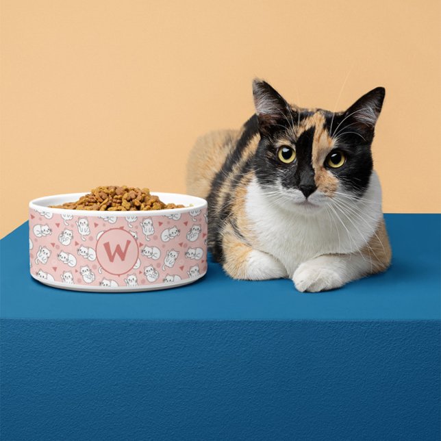  Custom Cute Playful Cats Pattern Pink White Pet Bowl (Creator Uploaded)
