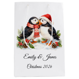 Custom Cute Puffin Couple Christmas Medium Gift Bag