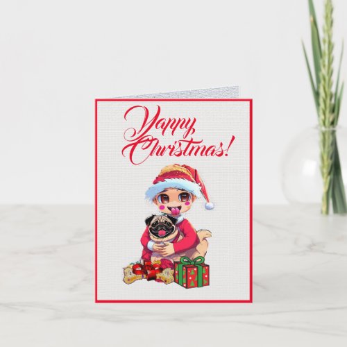 Custom Cute Pug Dog With Little Girl Christmas Card
