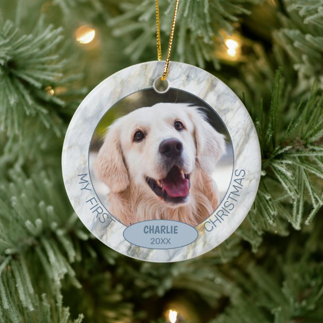 Custom Cute Puppy Photo On Chic Gray Blue Marble Ceramic Ornament (Tree)