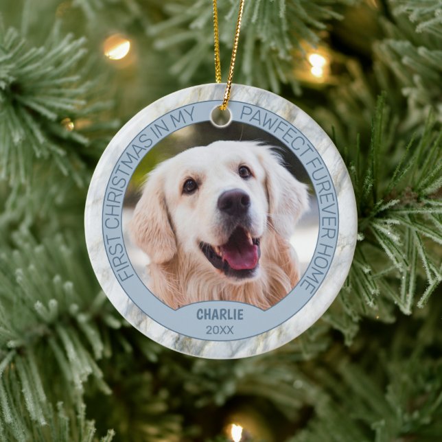 Custom Cute Puppy Photo On Chic Gray Blue Marble Ceramic Ornament (Tree)