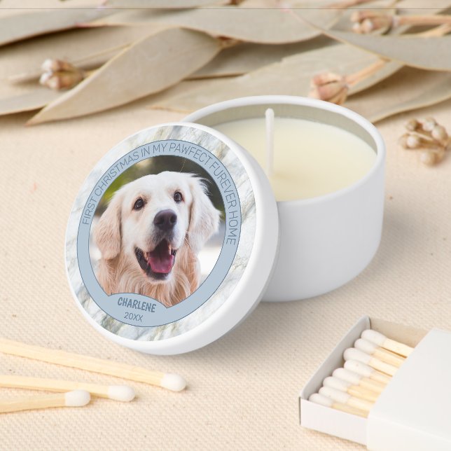 Custom Cute Puppy Photo On Chic Gray Blue Marble Mini Candle Favors (Insitu)