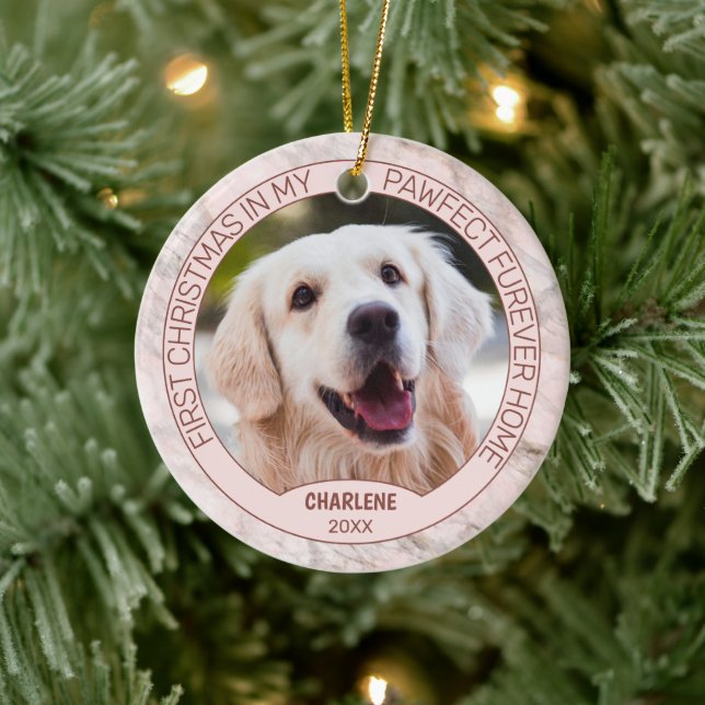 Custom Cute Puppy Photo On Chic Gray Pink Marble Ceramic Ornament (Tree)