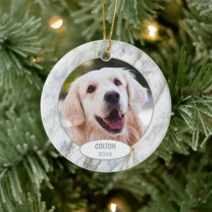 Custom Cute Puppy Photo On Chic Gray White Marble Ceramic Ornament
