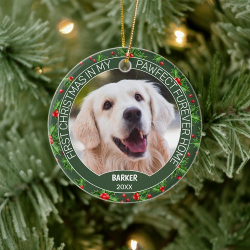 Custom Cute Puppy Photo On Green Holly Red Berry Ceramic Ornament