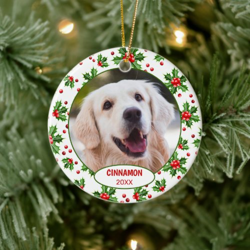 Custom Cute Puppy Photo On Green Holly Red Berry Ceramic Ornament