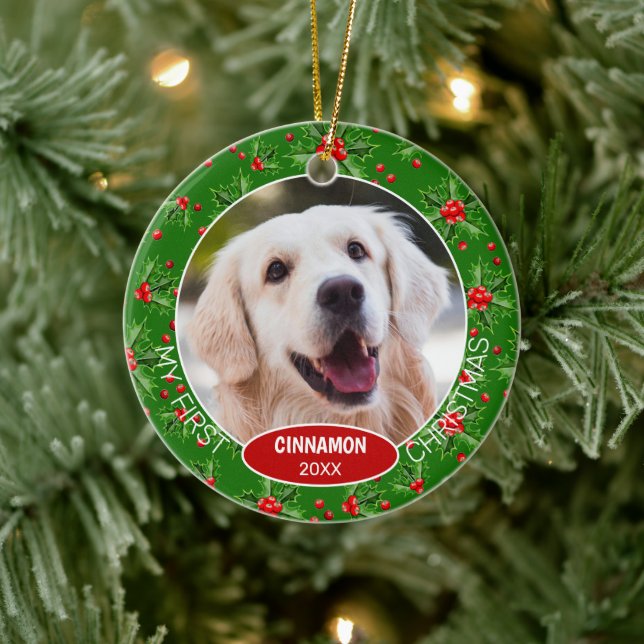 Custom Cute Puppy Photo On Green Holly Red Berry Ceramic Ornament (Tree)
