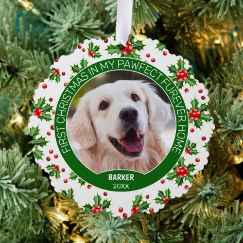 Custom Cute Puppy Photo On Green Holly Red Berry Ornament Card