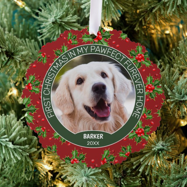 Custom Cute Puppy Photo On Green Holly Red Berry Ornament Card (Insitu (Tree))