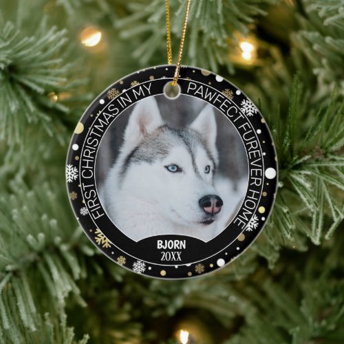 Custom Cute Puppy Photo On White Gold Snowflakes Ceramic Ornament