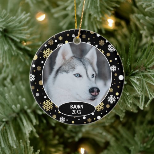 Custom Cute Puppy Photo On White Gold Snowflakes Ceramic Ornament