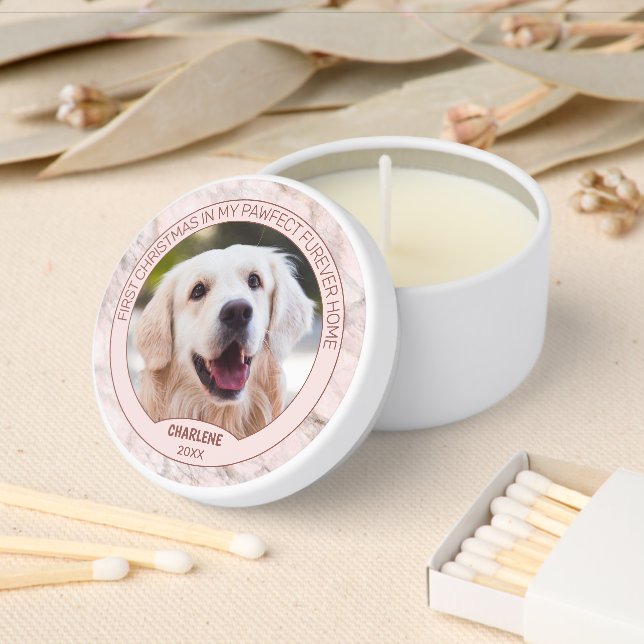 Custom Cute Puppy Photograph Chic Gray Pink Marble Mini Candle Favors (Insitu)