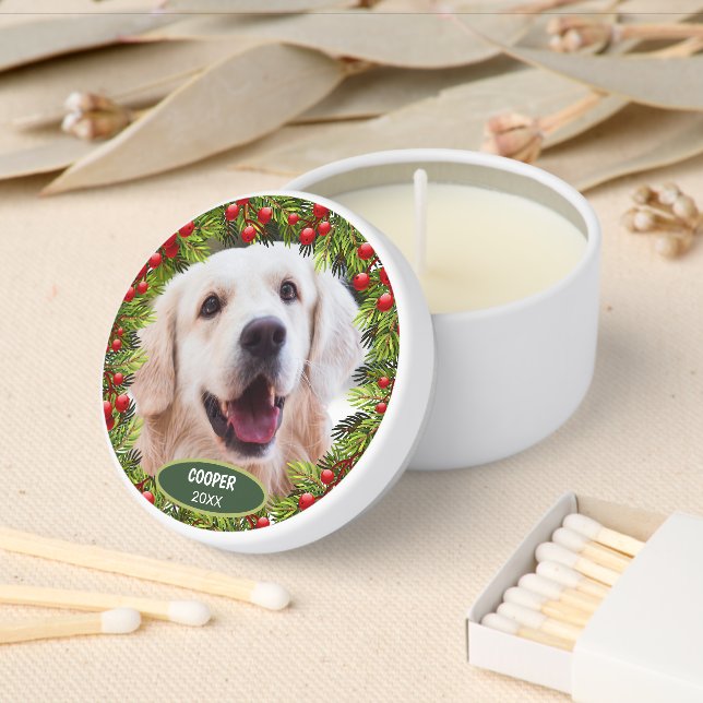 Custom Cute Puppy Photograph Green Holly Red Berry Mini Candle Favors (Insitu)