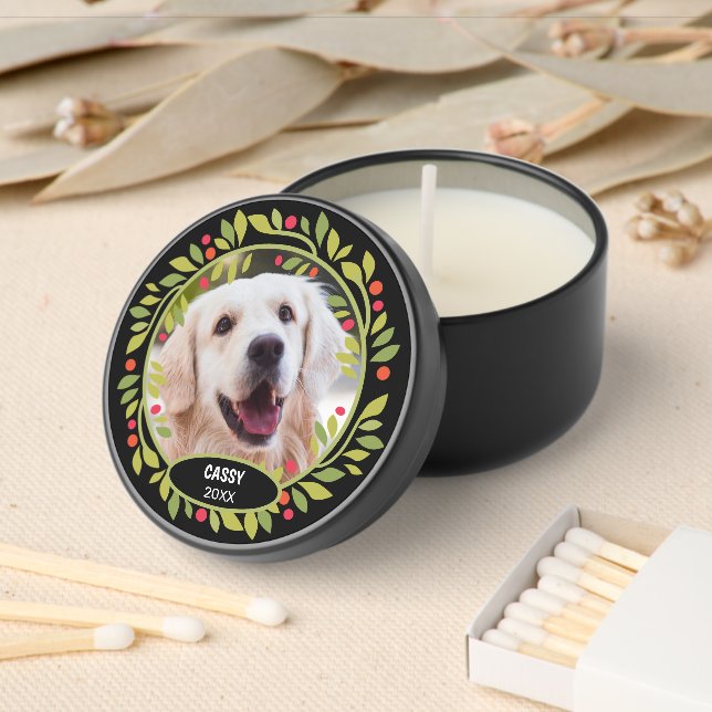 Custom Cute Puppy Photograph Green Holly Red Berry Mini Candle Favors (Insitu)