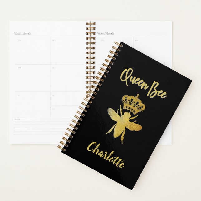 Custom Cute QUEEN BEE Gold Black Undated Monthly Planner (Display)