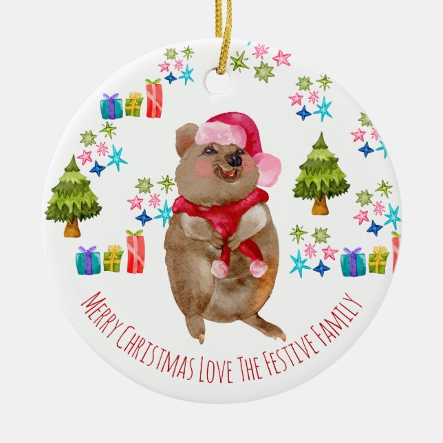 Custom Cute Quokka Aussie Christmas Ceramic Ornament (Front)