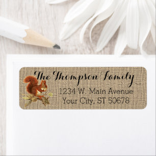 Custom Cute Red Brown Squirrel Faux Jute Burlap Label