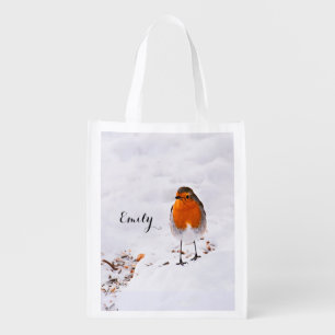 Custom cute Robin bird in snow add name Grocery Bag