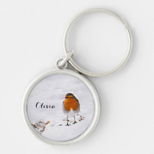 Custom cute Robin bird in snow add name Keychain