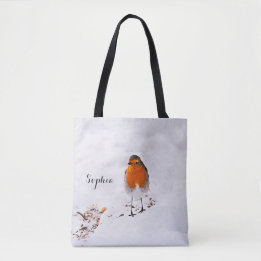 Custom cute Robin bird in snow add name Tote Bag