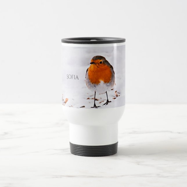 Custom cute Robin bird in snow add name Travel Mug (Center)