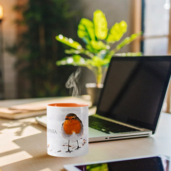 Custom Cute Robin Bird In Snow Add Name Two-tone Coffee Mug by Nordic_designs at Zazzle