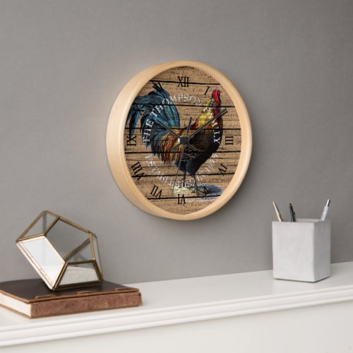 Custom Cute Rooster On Weathered Plank Pattern Clock