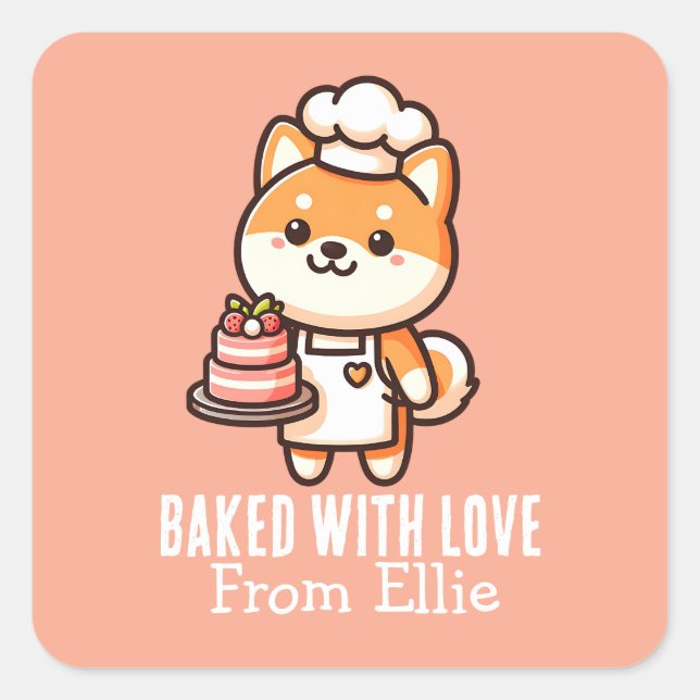 Custom Cute Shiba Inu Baker Made with Love Square Sticker (Front)