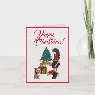 Custom Cute Shih Tzu With Little Girl Christmas Card