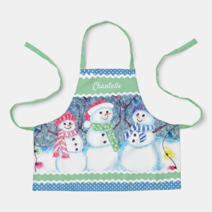Custom Cute Snowmen In December Snow Illustration Apron