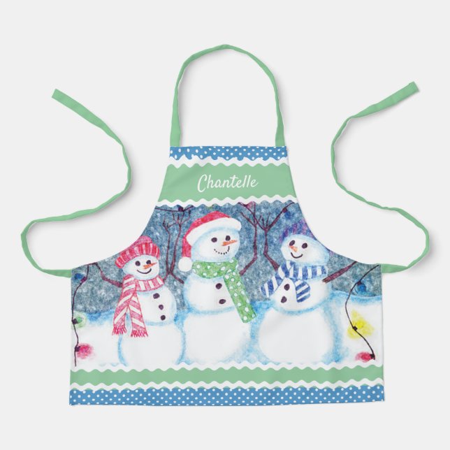 Custom Cute Snowmen In December Snow Illustration Apron (Front)