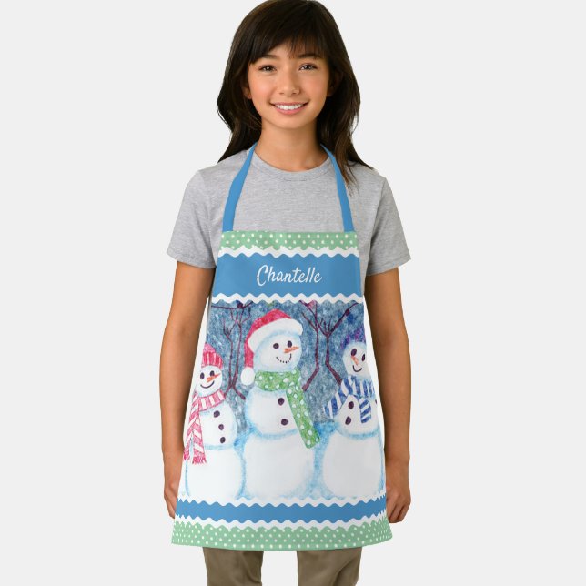Custom Cute Snowmen In December Snow Illustration Apron (Insitu)