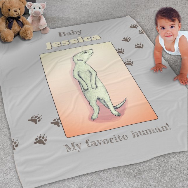 Custom Cute Soft Gray Peach Meerkat Baby Name Fleece Blanket (Creator Uploaded)