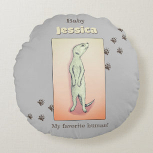 Custom Cute Soft Gray Peach Meerkat Baby Name Round Pillow