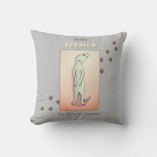 Custom Cute Soft Gray Peach Meerkat Baby Name Throw Pillow (Front)