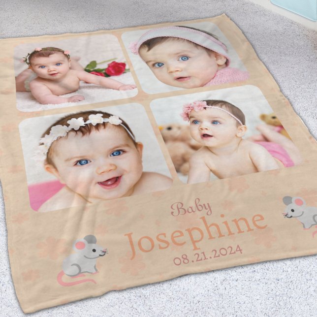 Custom Cute Soft Peach Baby Name Photo Fleece Blanket (Creator Uploaded)