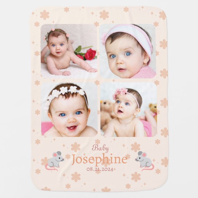 Custom Cute Soft Peach Beige Baby Name Photo  Baby Blanket (Front)